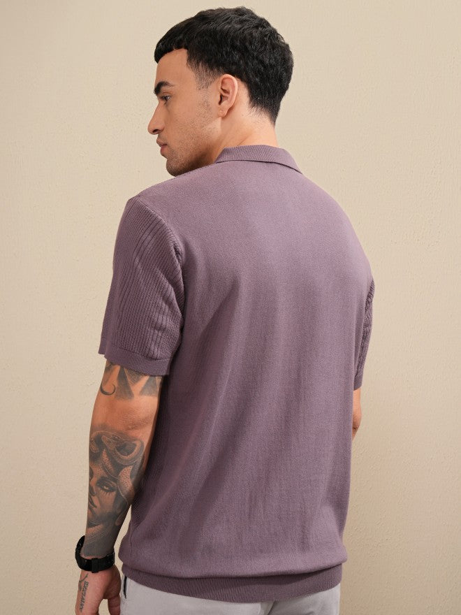 Highlander Men Purple Self Design Polo Collar T-Shirt - Purple - Image 3