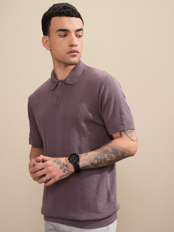Highlander Men Purple Self Design Polo Collar T-Shirt - Purple - Image 4