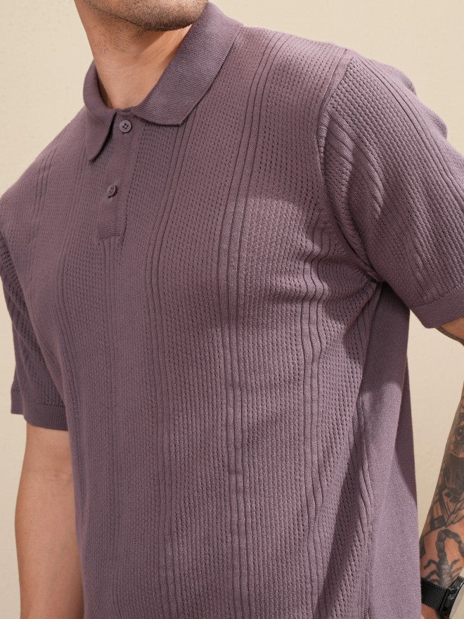 Highlander Men Purple Self Design Polo Collar T-Shirt - Purple - Image 5