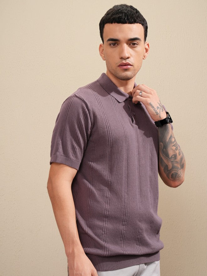 Highlander Men Purple Self Design Polo Collar T-Shirt - Purple - Image 6