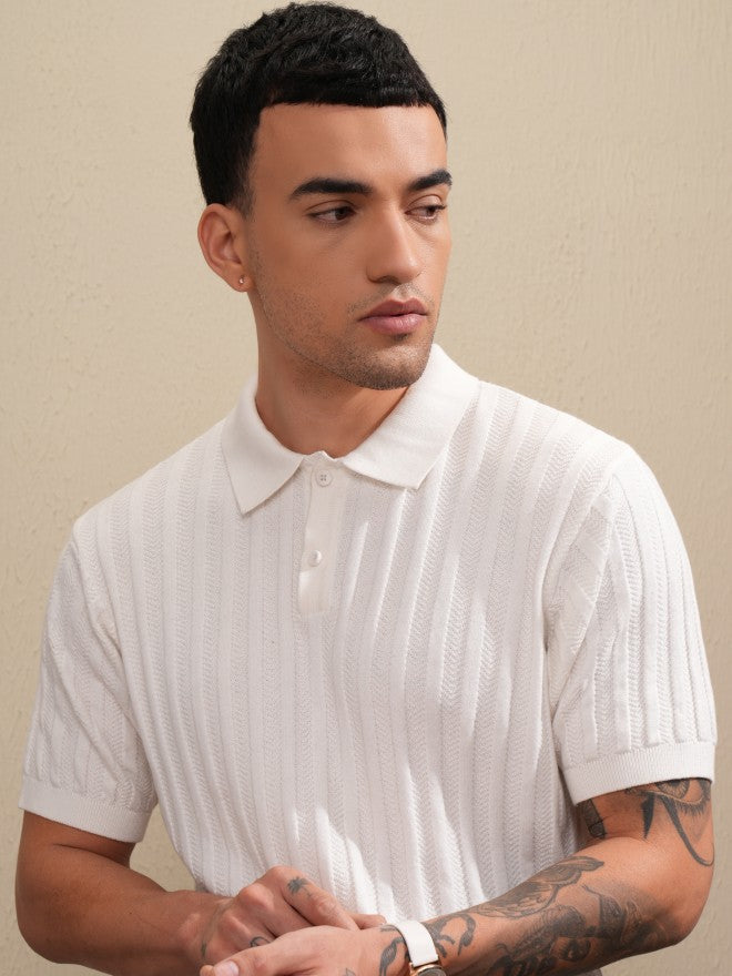 Highlander Men Off White Self Design Polo Collar T-Shirt - Off White - Image 1