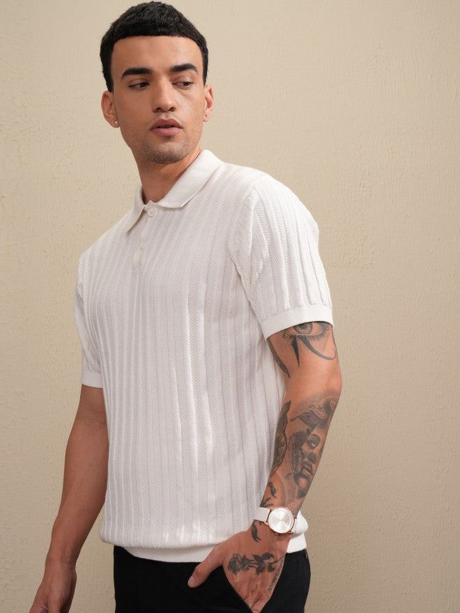 Highlander Men Off White Self Design Polo Collar T-Shirt - Off White - Image 4