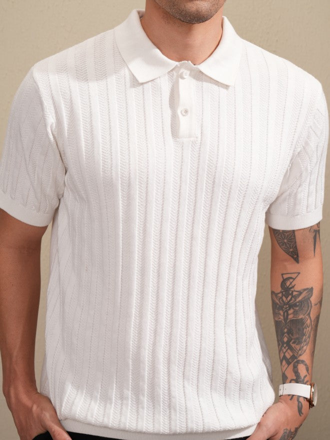 Highlander Men Off White Self Design Polo Collar T-Shirt - Off White - Image 5