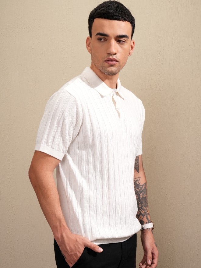 Highlander Men Off White Self Design Polo Collar T-Shirt - Off White - Image 6