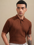 Highlander Men Brown Self Design Polo Collar T-Shirt - Brown - Image 1