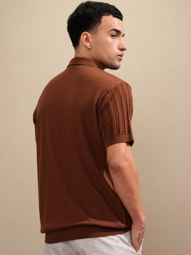 Highlander Men Brown Self Design Polo Collar T-Shirt - Brown - Image 3