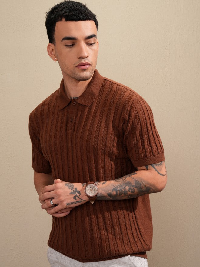 Highlander Men Brown Self Design Polo Collar T-Shirt - Brown - Image 4