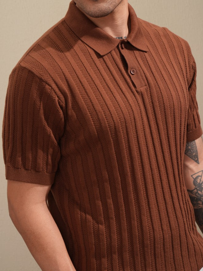 Highlander Men Brown Self Design Polo Collar T-Shirt - Brown - Image 5