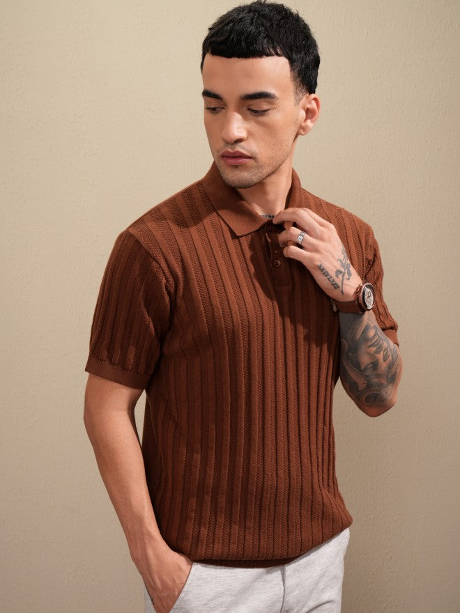 Highlander Men Brown Self Design Polo Collar T-Shirt - Brown - Image 6