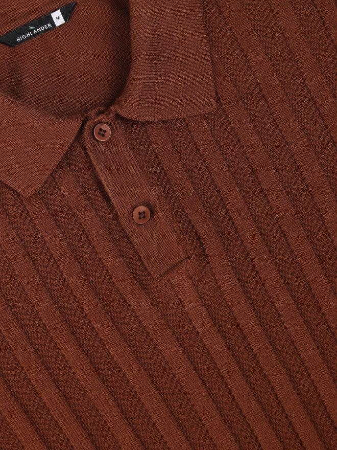 Highlander Men Brown Self Design Polo Collar T-Shirt - Brown - Image 7