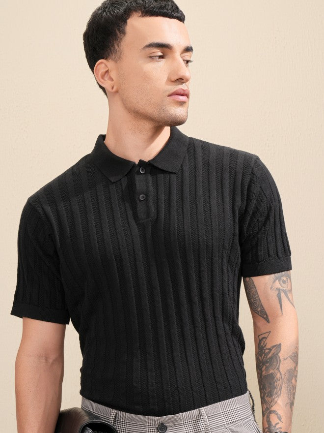 Highlander Men Black Self Design Polo Collar T-Shirt - Black - Image 1