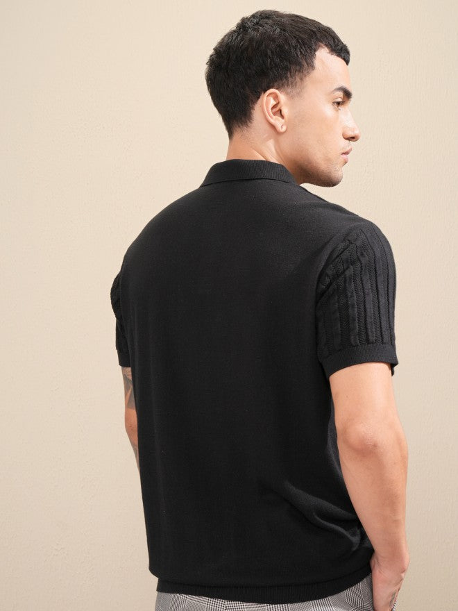 Highlander Men Black Self Design Polo Collar T-Shirt - Black - Image 3