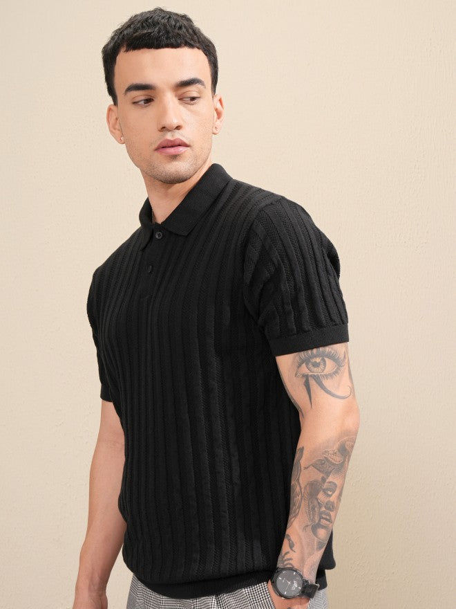 Highlander Men Black Self Design Polo Collar T-Shirt - Black - Image 4