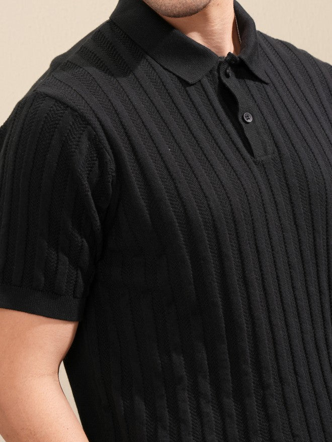 Highlander Men Black Self Design Polo Collar T-Shirt - Black - Image 5