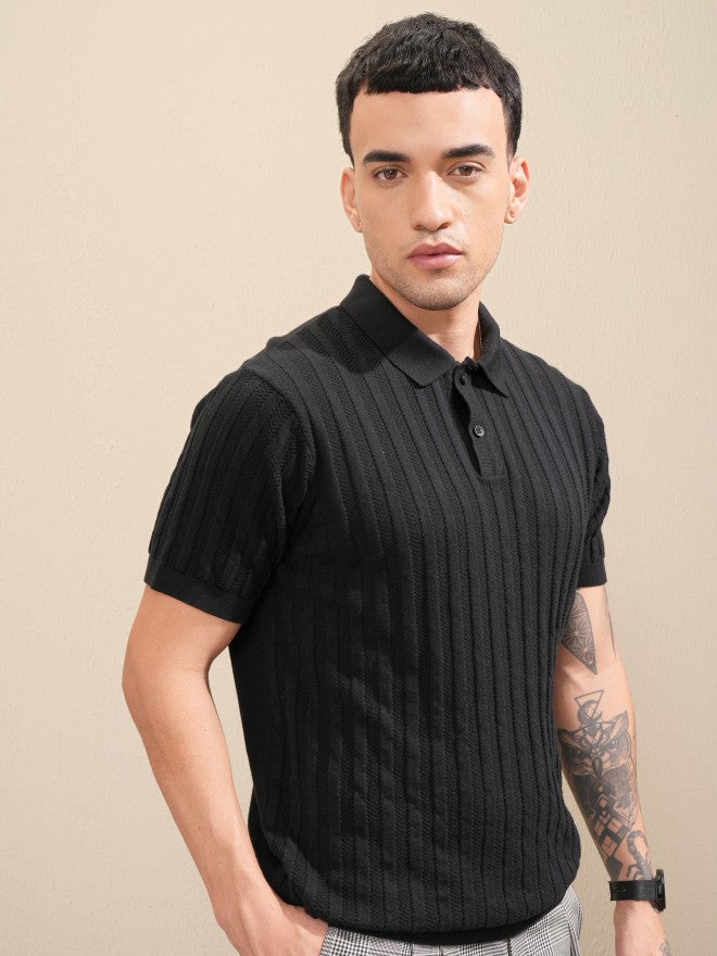 Highlander Men Black Self Design Polo Collar T-Shirt - Black - Image 6