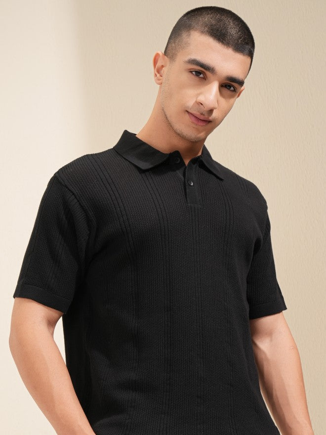 Highlander Men Black Self Design Polo T-Shirt - Black - Image 1