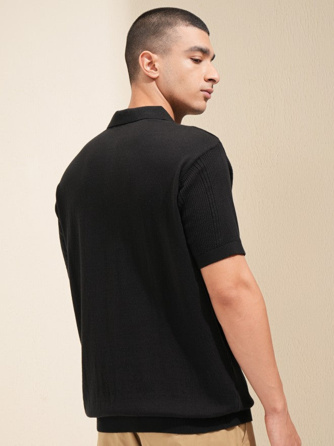 Highlander Men Black Self Design Polo T-Shirt - Black - Image 3