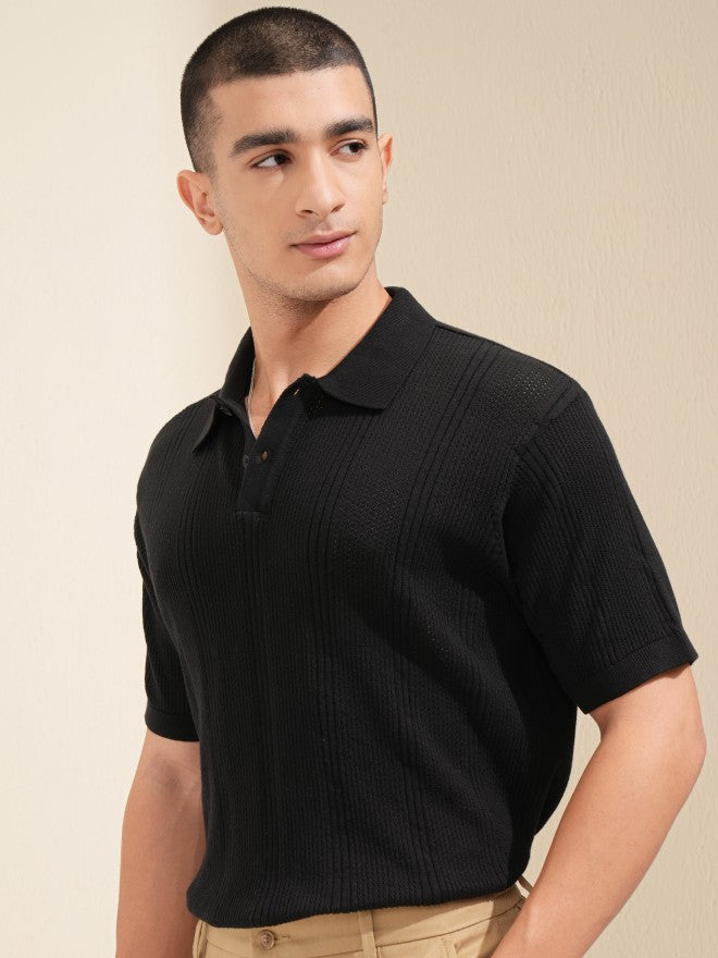 Highlander Men Black Self Design Polo T-Shirt - Black - Image 4