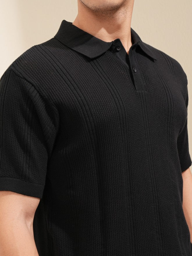 Highlander Men Black Self Design Polo T-Shirt - Black - Image 5