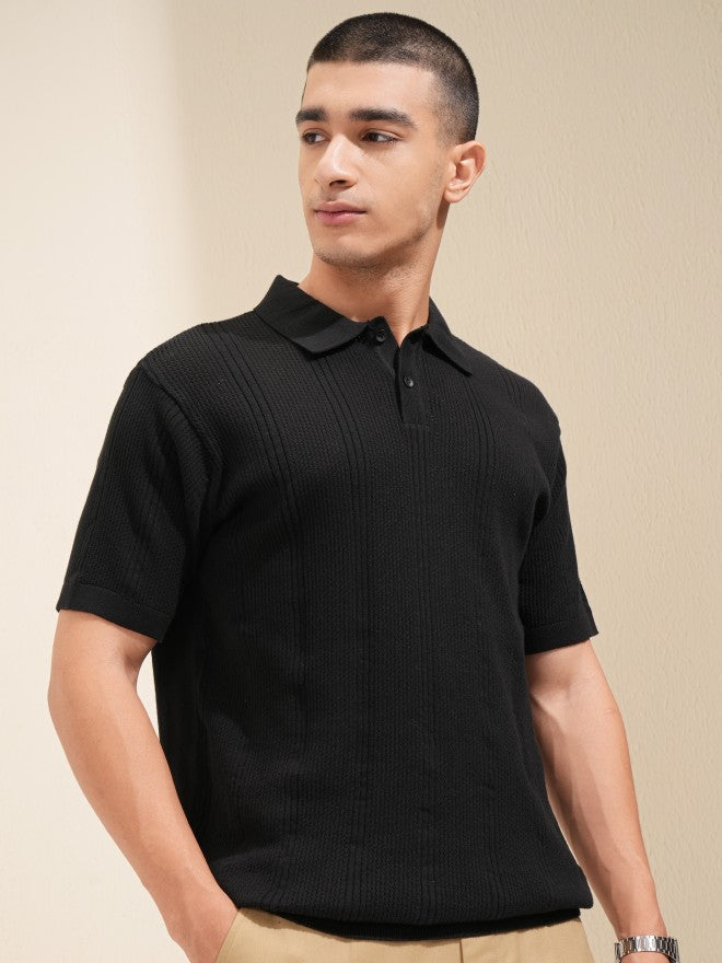 Highlander Men Black Self Design Polo T-Shirt - Black - Image 6