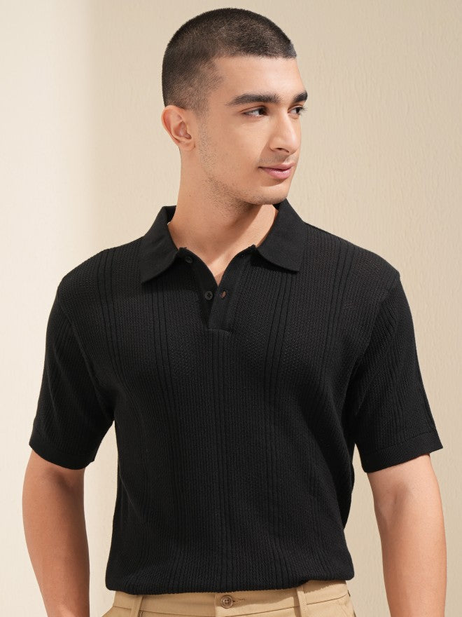 Highlander Men Black Self Design Polo T-Shirt - Black - Image 7