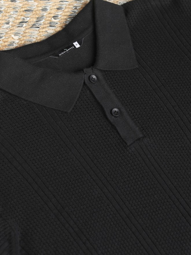 Highlander Men Black Self Design Polo T-Shirt - Black - Image 8