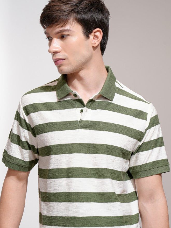Highlander Men Cream Striped Polo Collar T-Shirt - Cream - Image 1