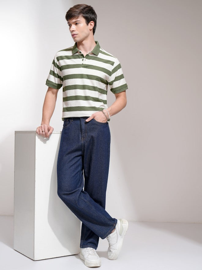 Highlander Men Cream Striped Polo Collar T-Shirt - Cream - Image 2