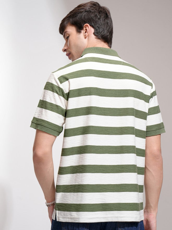 Highlander Men Cream Striped Polo Collar T-Shirt - Cream - Image 3