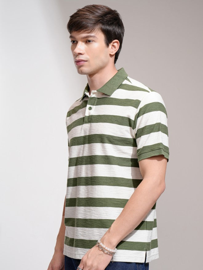 Highlander Men Cream Striped Polo Collar T-Shirt - Cream - Image 4