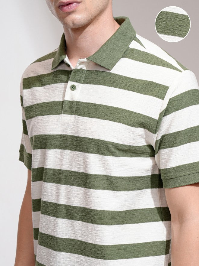 Highlander Men Cream Striped Polo Collar T-Shirt - Cream - Image 5