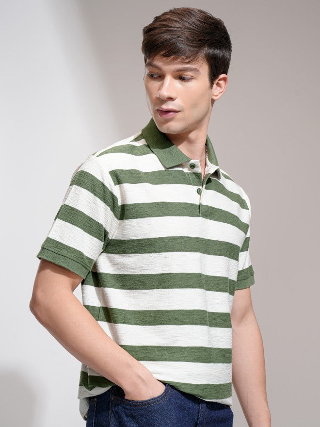 Highlander Men Cream Striped Polo Collar T-Shirt - Cream - Image 6