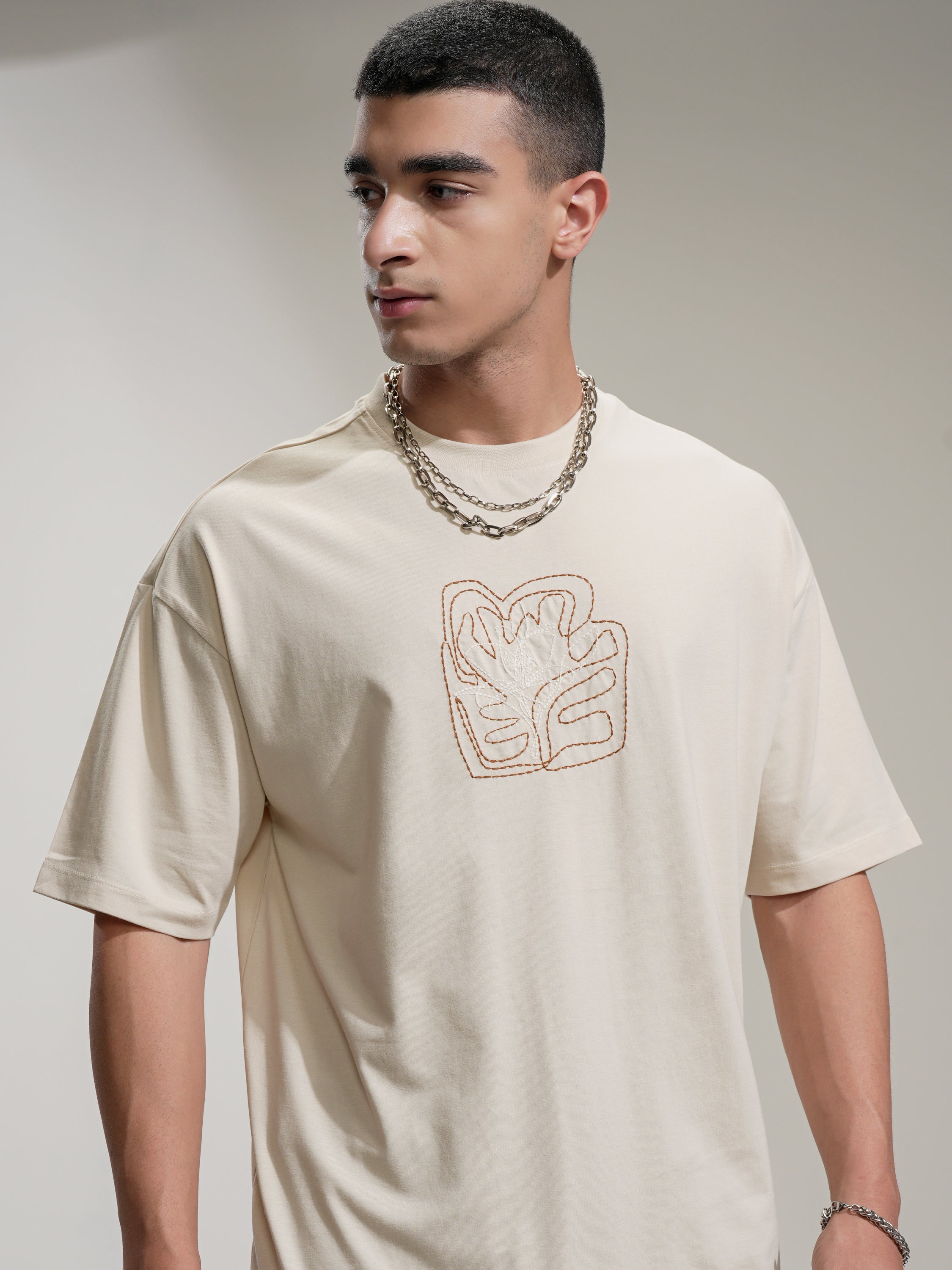 Highlander Men Cream Embroidered Round Neck Oversized Fit T-Shirt - Cream - Image 1