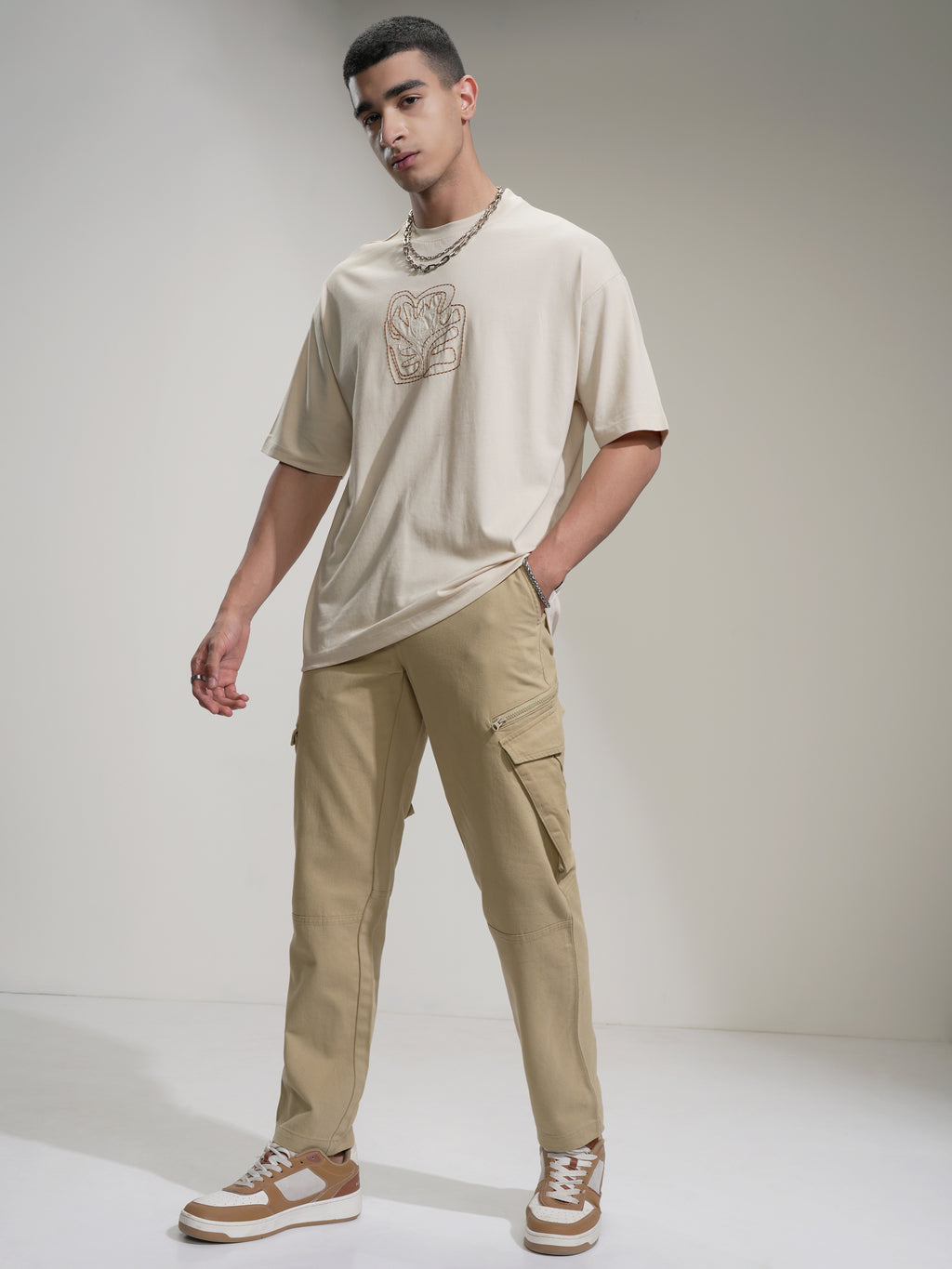 Highlander Men Cream Embroidered Round Neck Oversized Fit T-Shirt - Cream - Image 2