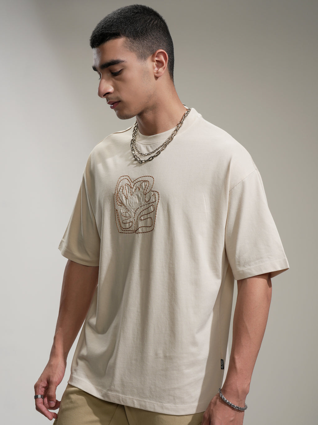 Highlander Men Cream Embroidered Round Neck Oversized Fit T-Shirt - Cream - Image 4
