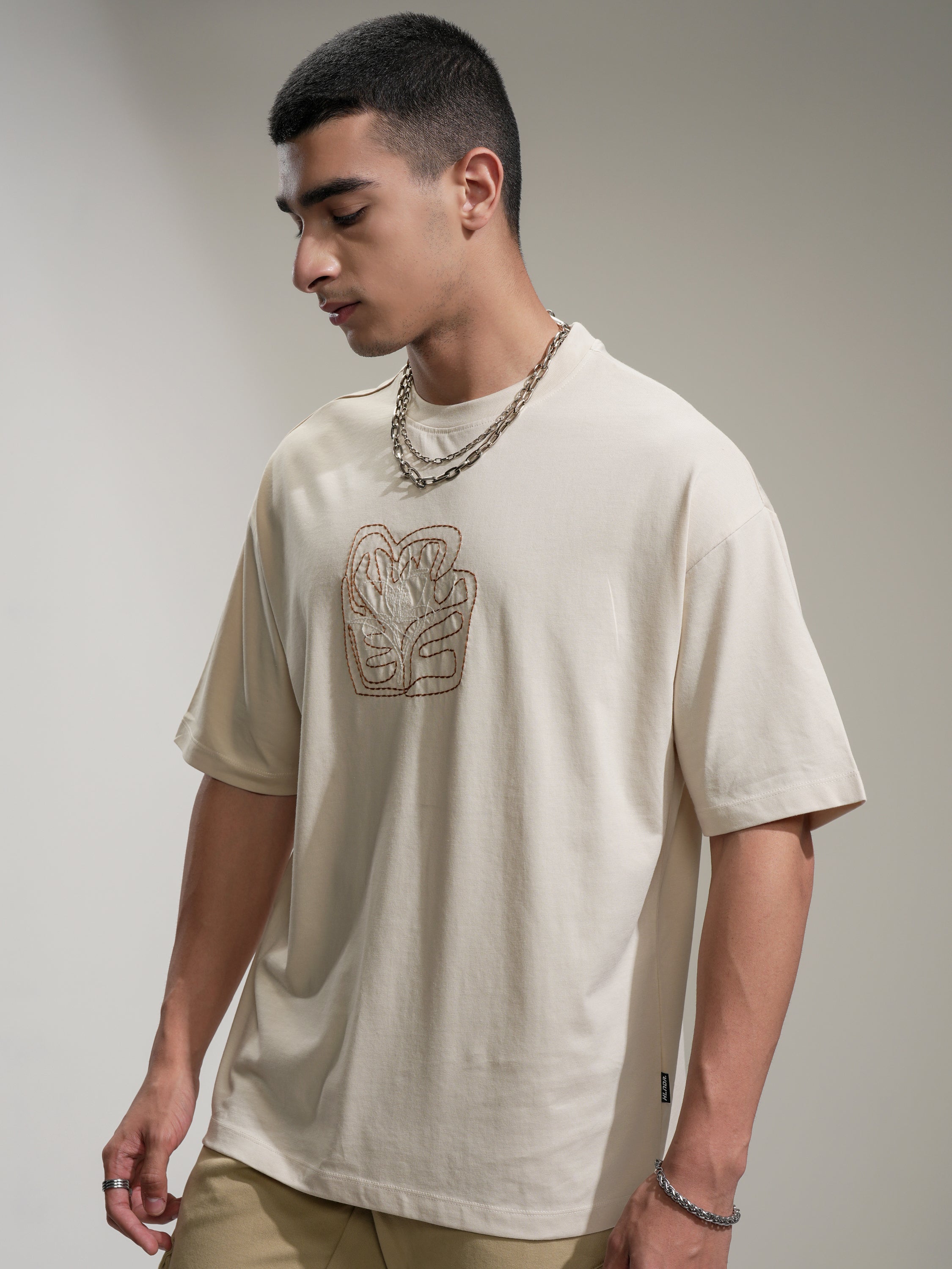 Highlander Men Cream Embroidered Round Neck Oversized Fit T-Shirt - Cream - Image 4