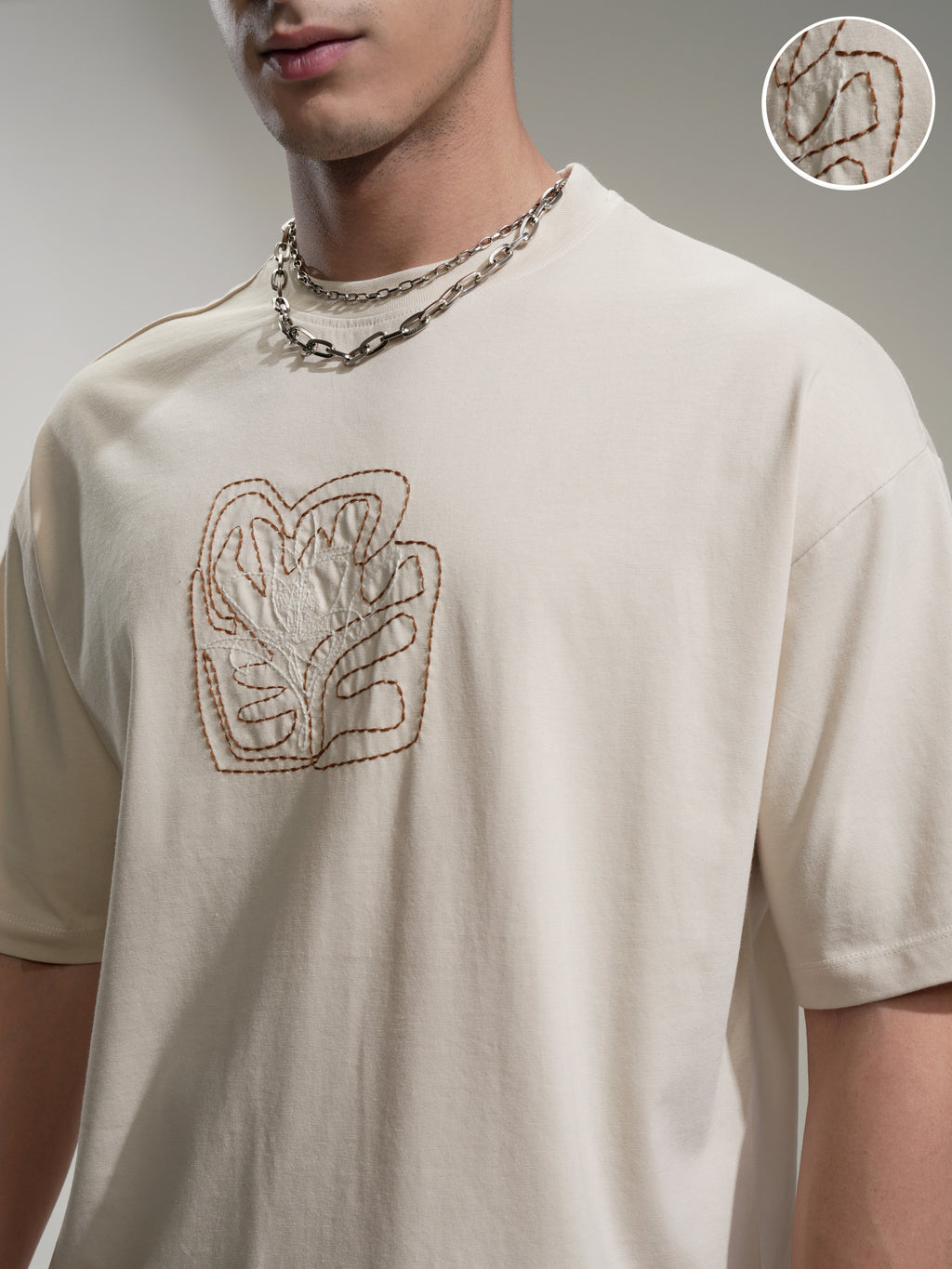 Highlander Men Cream Embroidered Round Neck Oversized Fit T-Shirt - Cream - Image 5