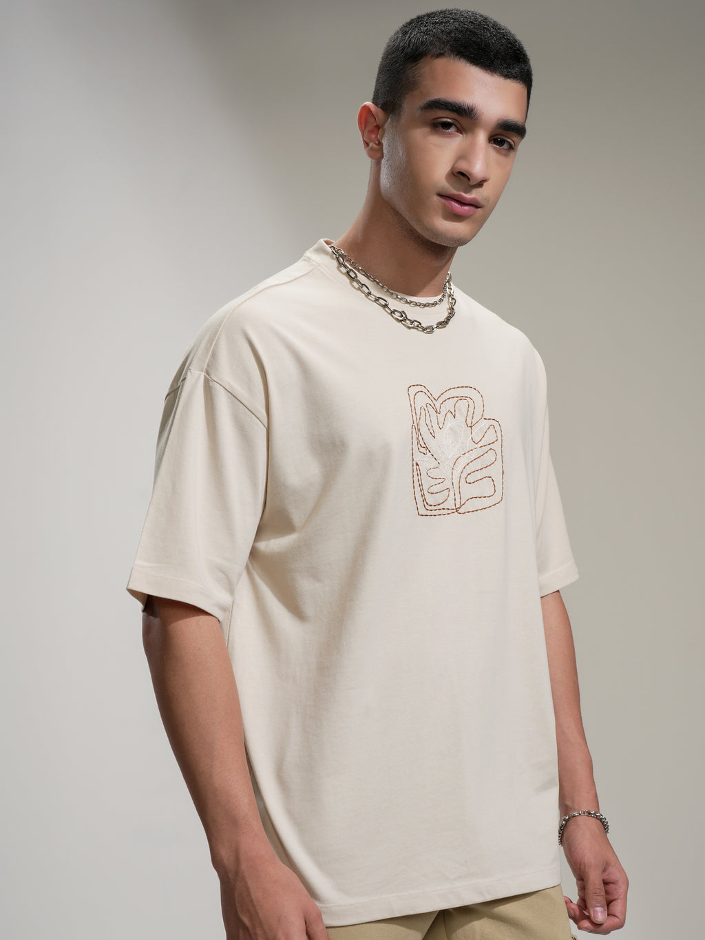 Highlander Men Cream Embroidered Round Neck Oversized Fit T-Shirt - Cream - Image 6