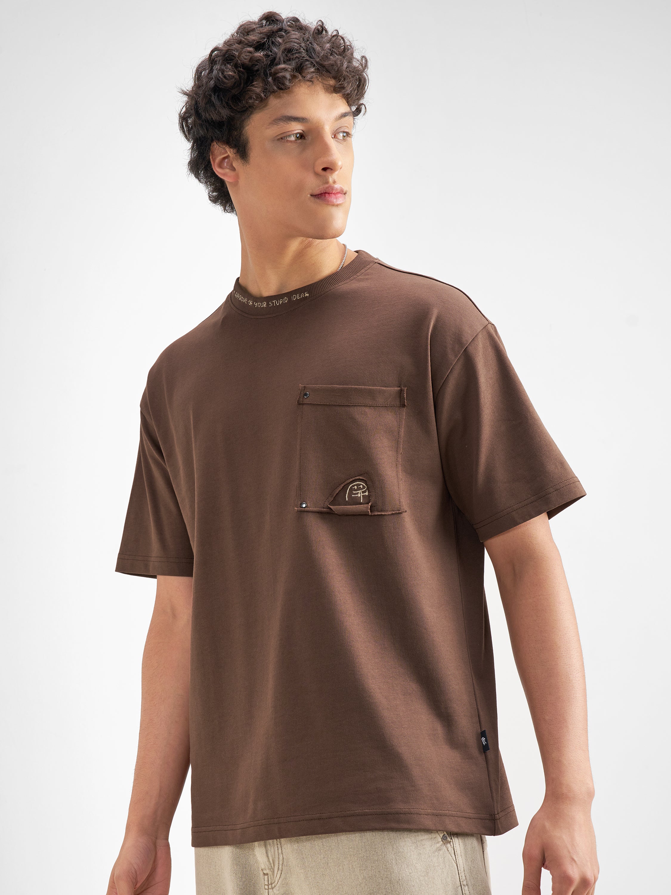 Highlander Men Brown Solid Round Neck T-Shirt - Brown - Image 4