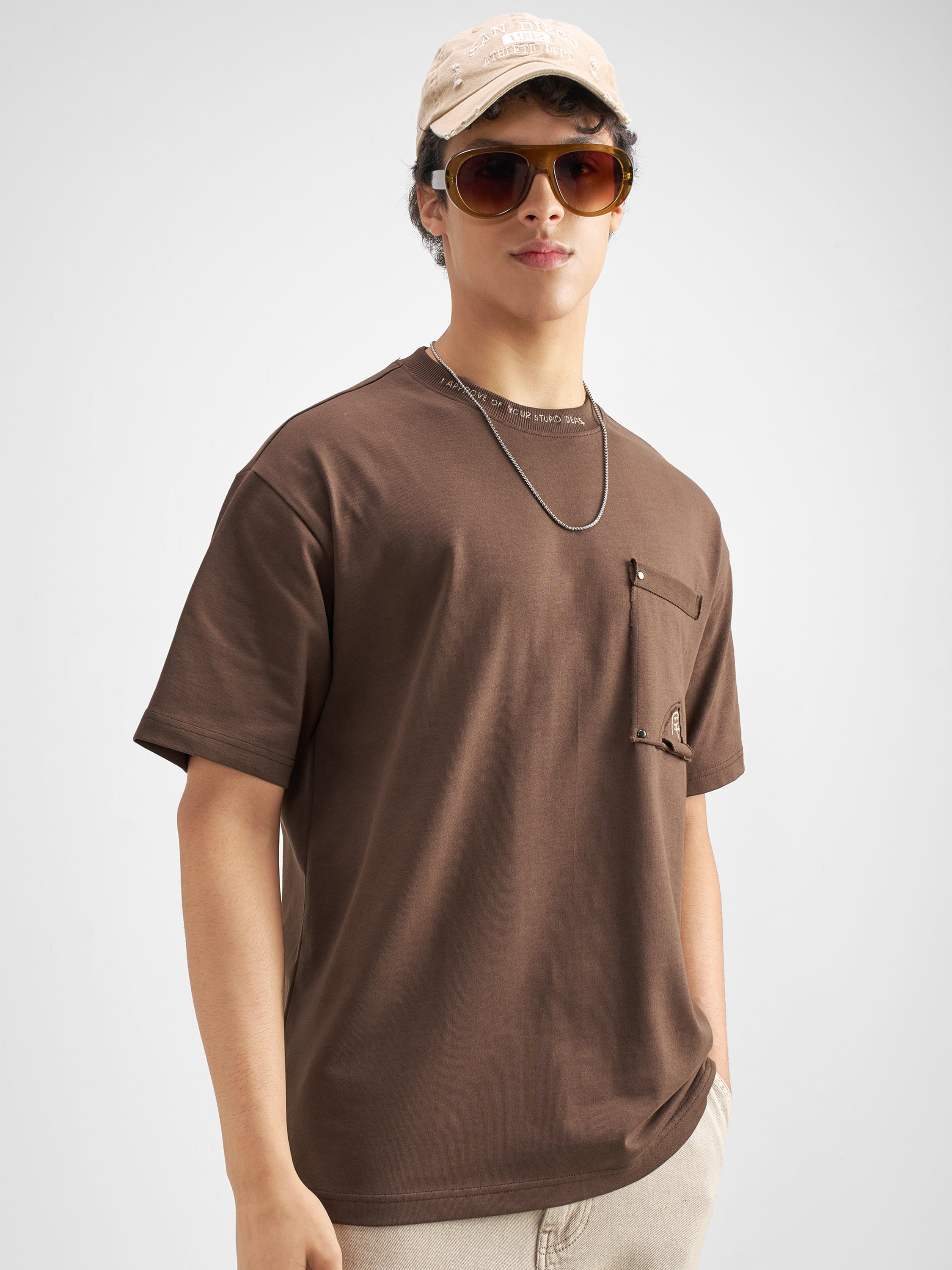 Highlander Men Brown Solid Round Neck T-Shirt - Brown - Image 6