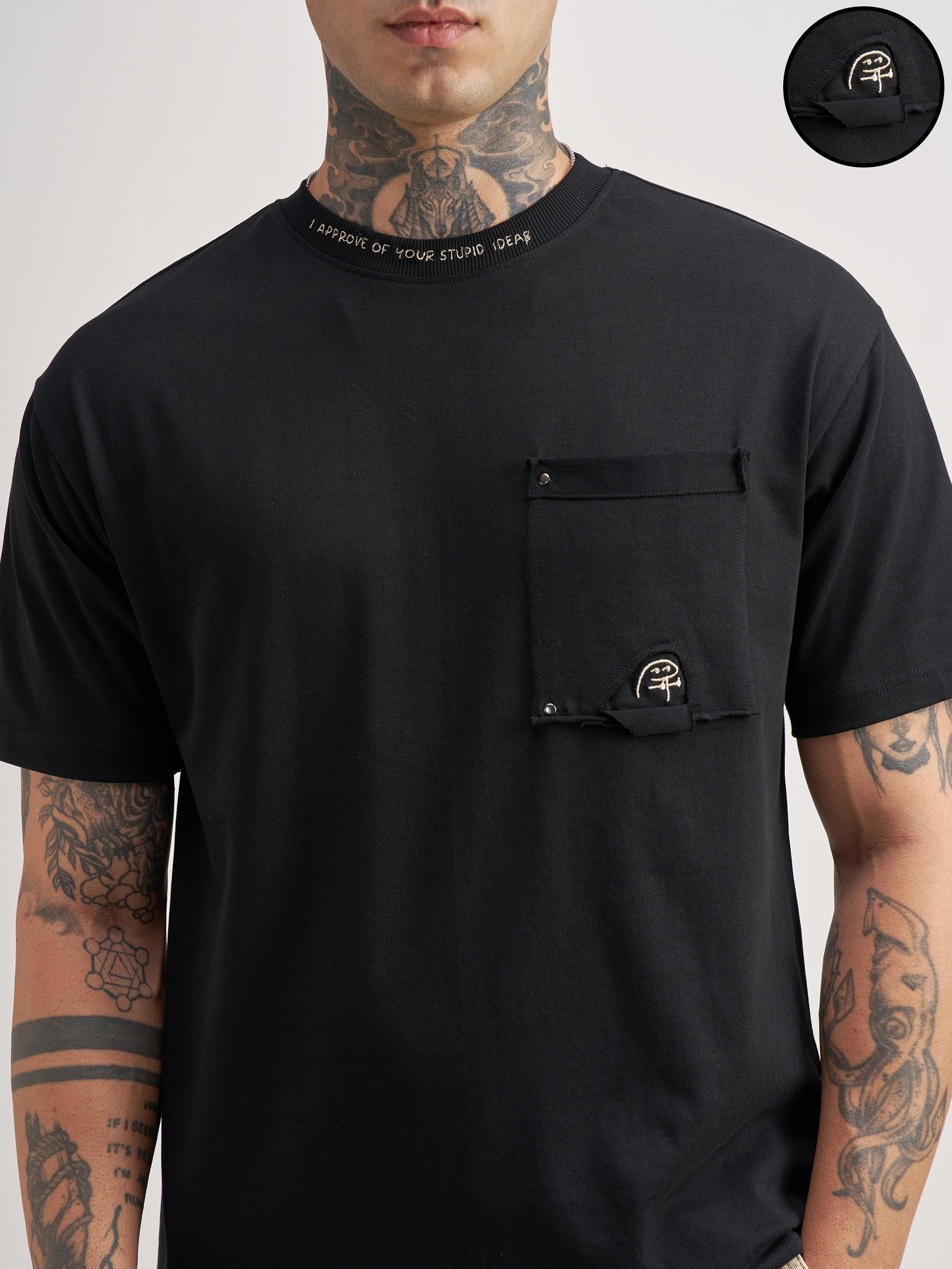 Highlander Men Black Embroidered Round Neck T-Shirt - Black - Image 5