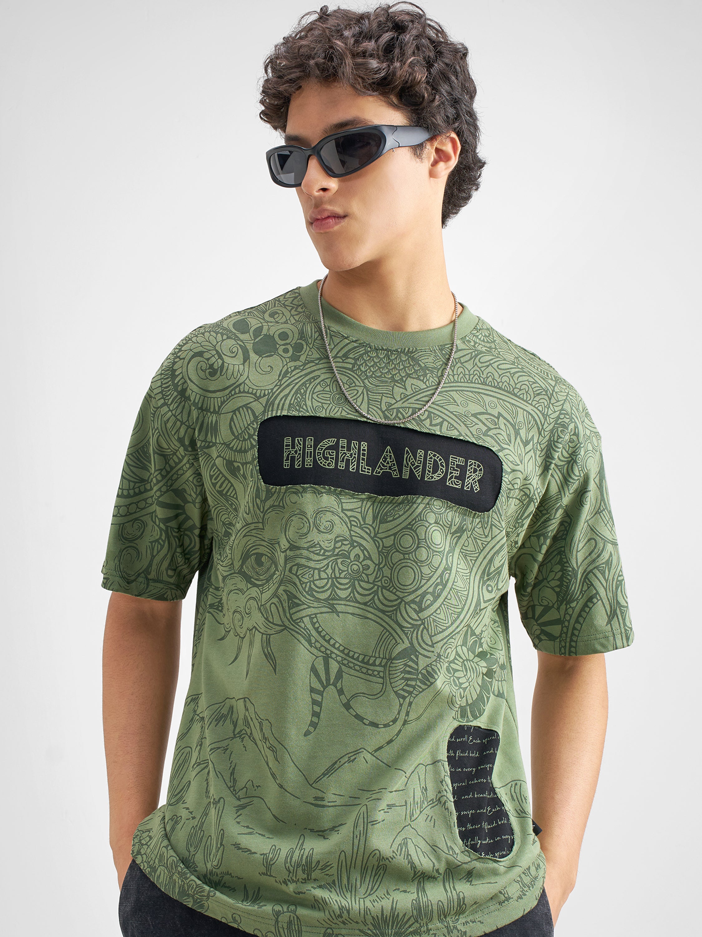 Highlander Men Olive Printed Round Neck T-Shirt - Olive - Image 1