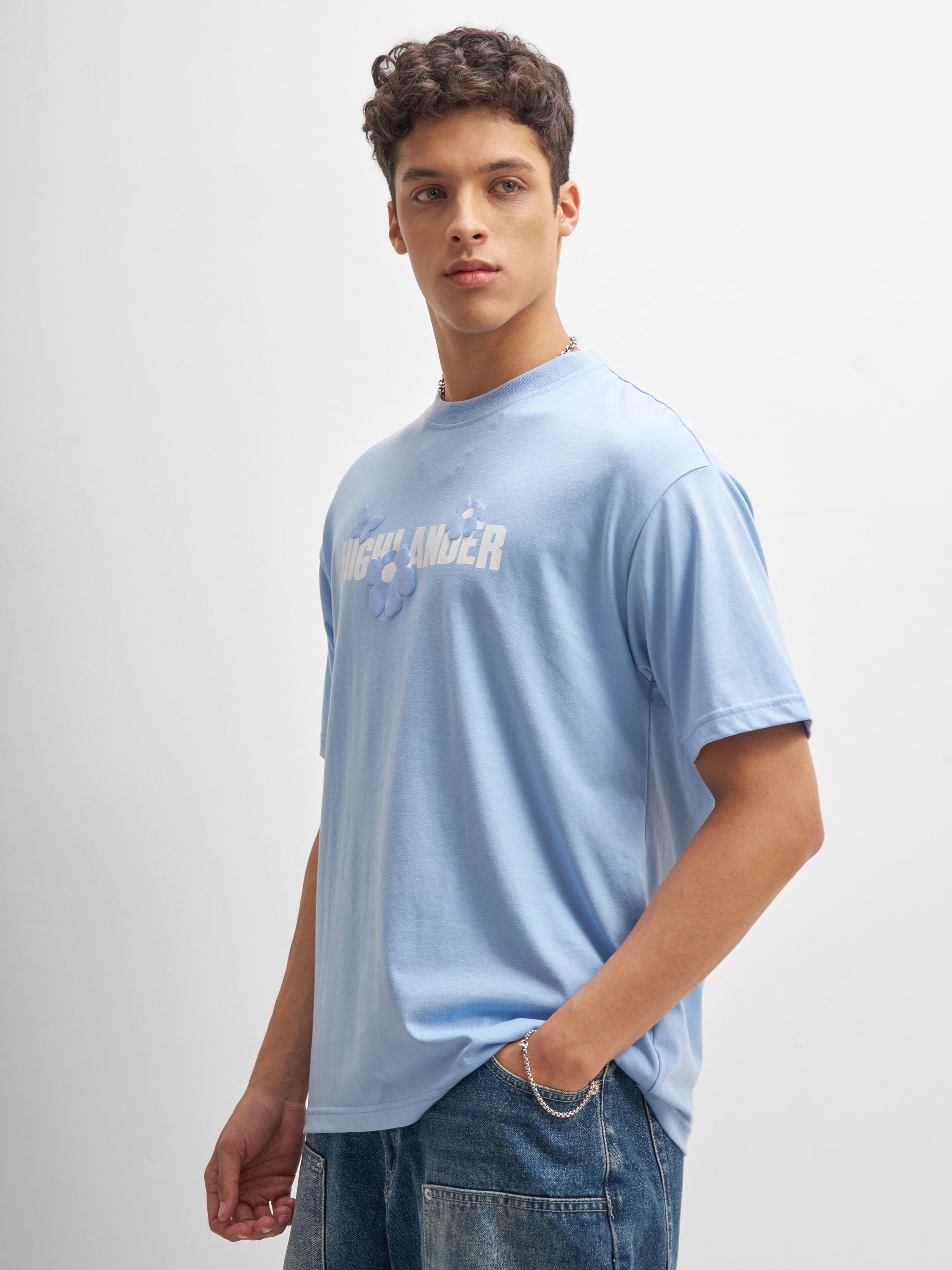 Highlander Men Blue Printed Round Neck T-Shirt
