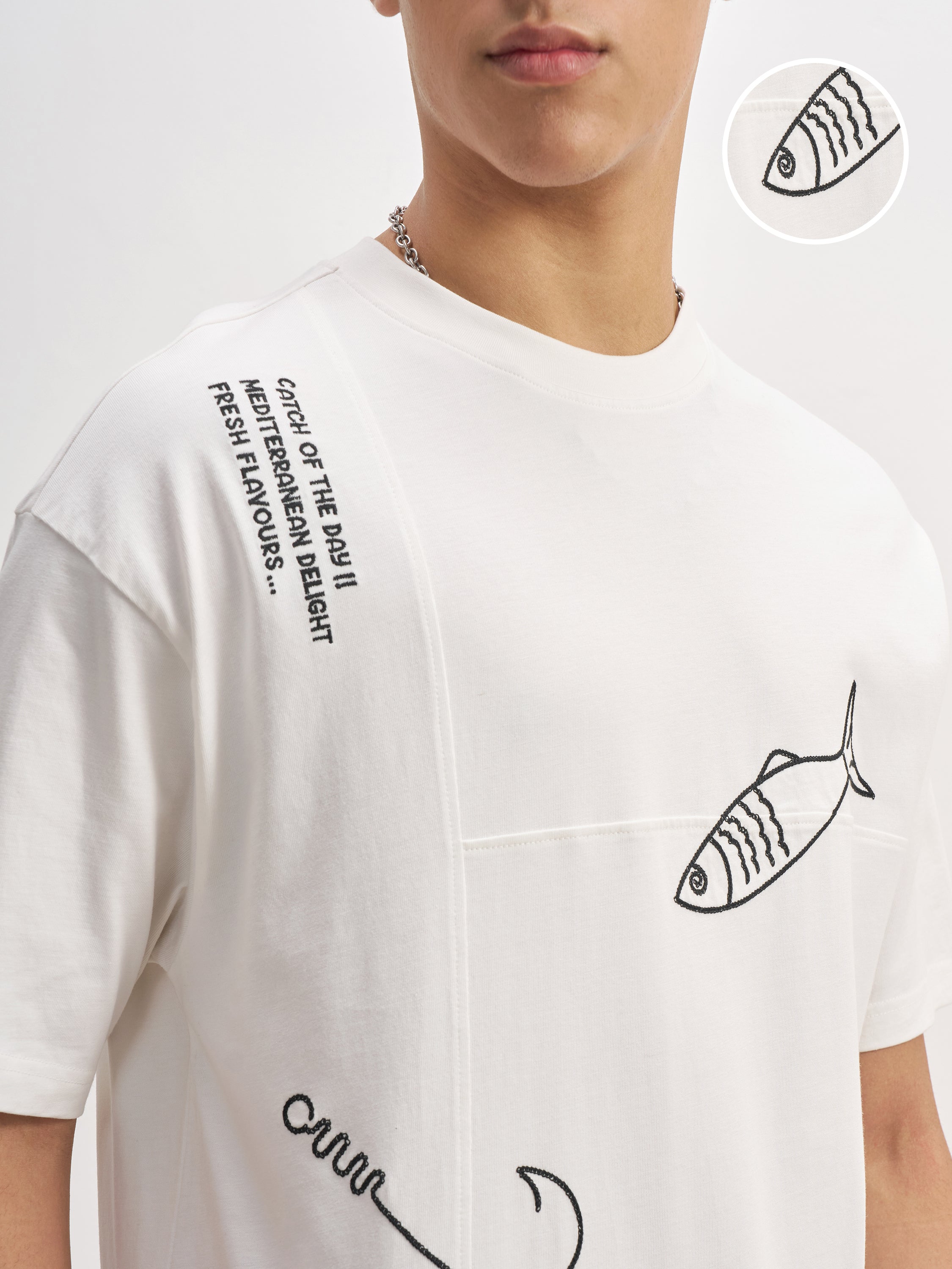 Highlander Men White Embroidered Round Neck T-Shirt - White - Image 5