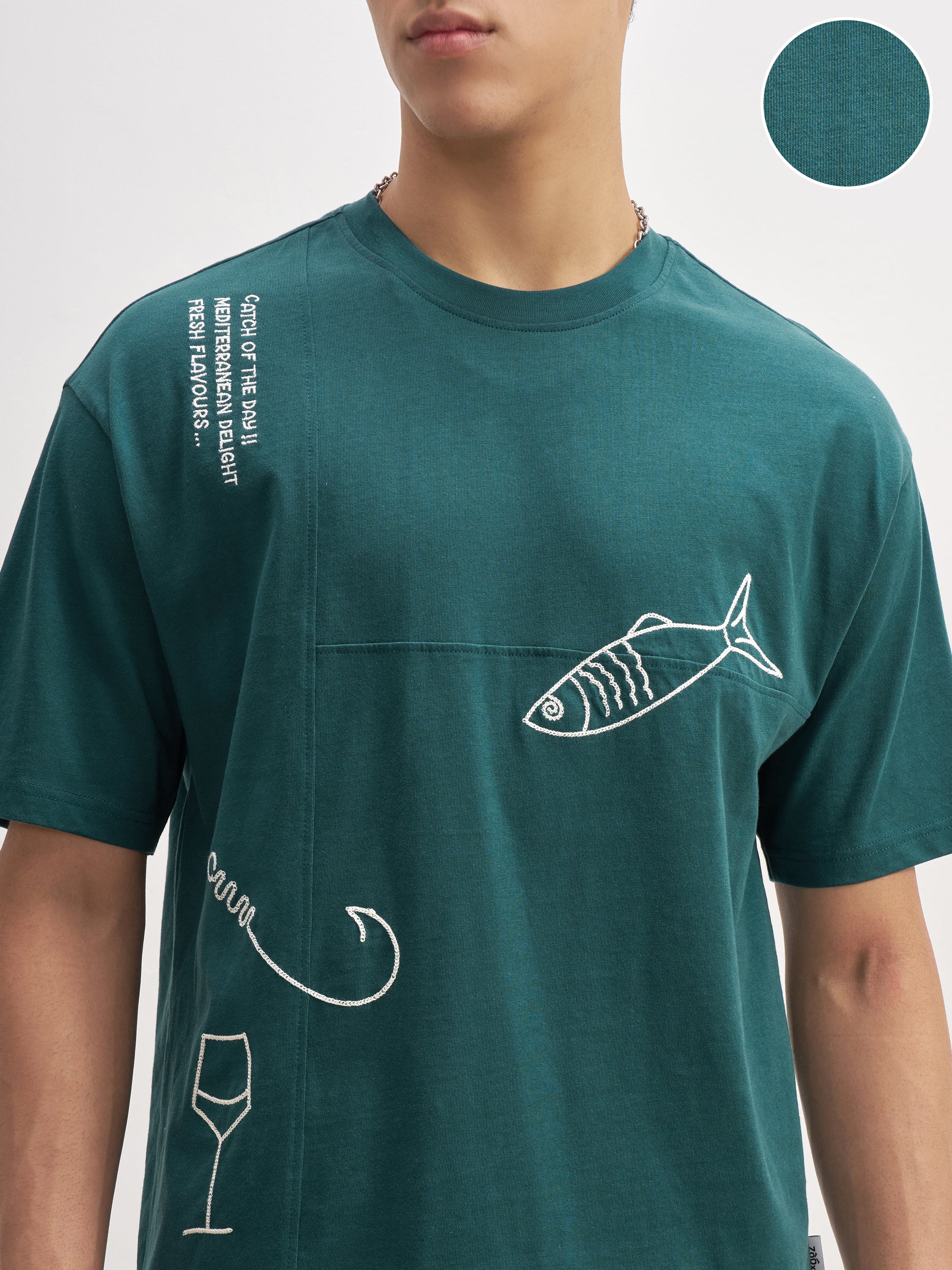 Highlander Men Teal Embroidered Round Neck T-Shirt - Teal - Image 5