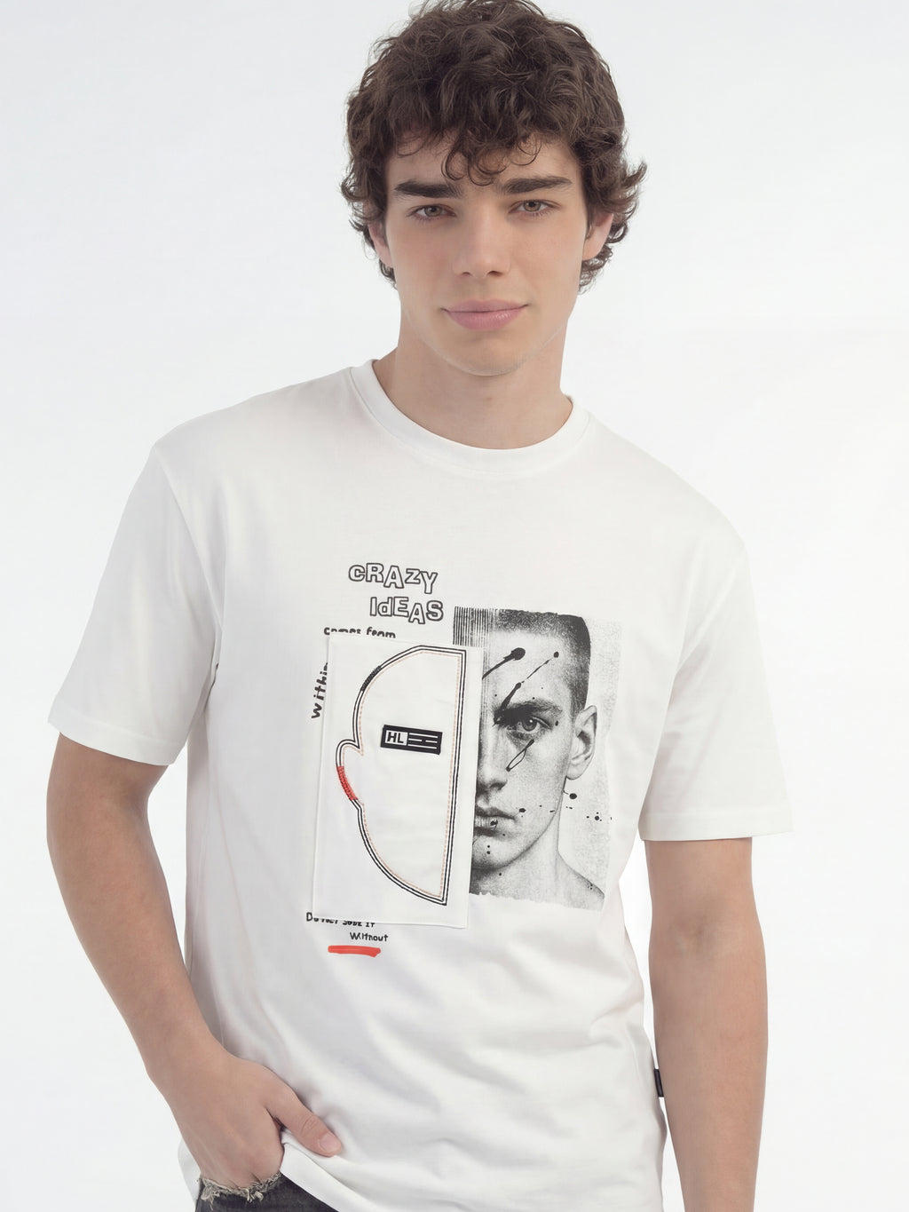 Highlander Men White Applique Round Neck T-Shirt - White - Image 3