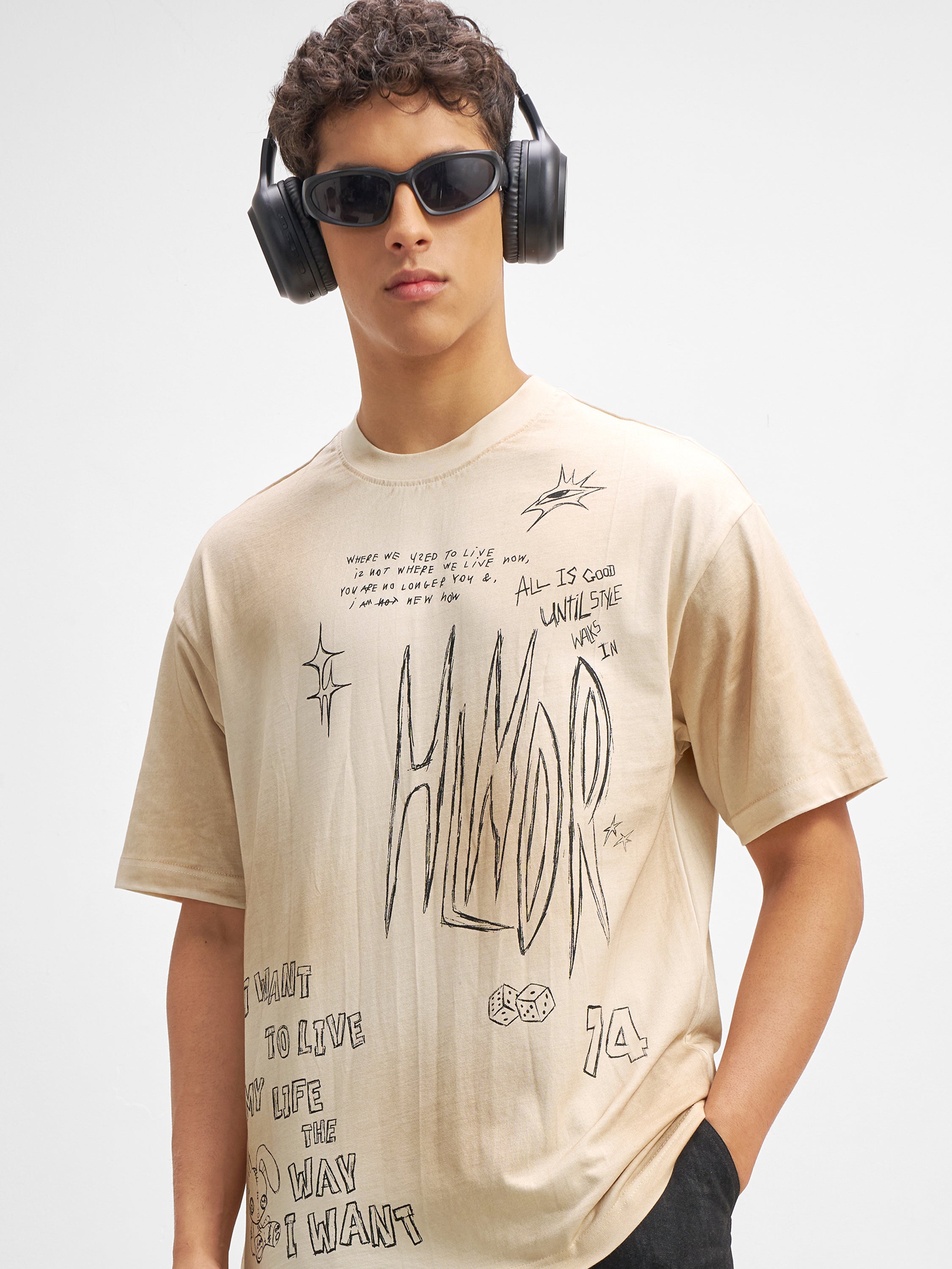 Highlander Men Beige Printed Round Neck T-Shirt