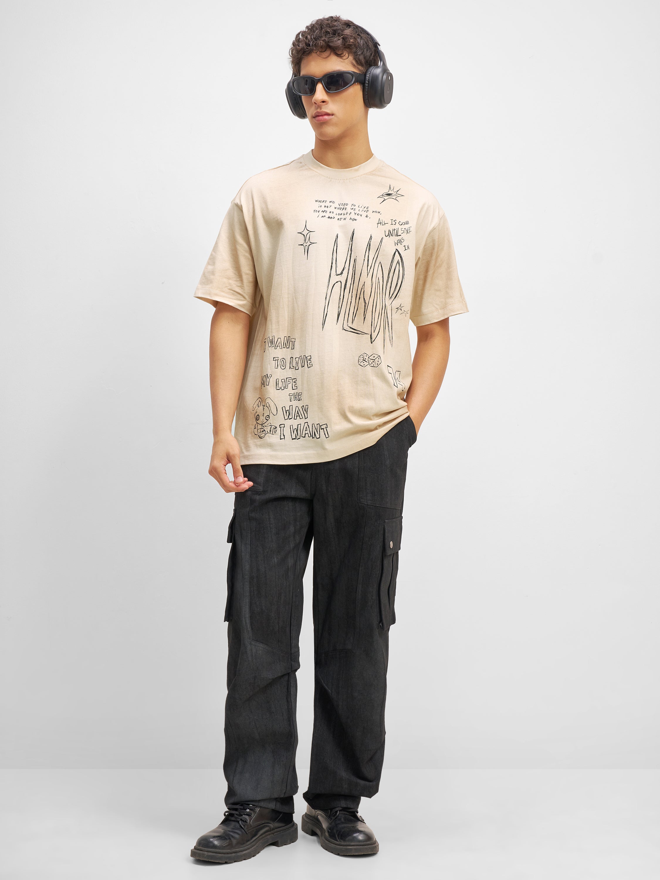 Highlander Men Beige Printed Round Neck T-Shirt