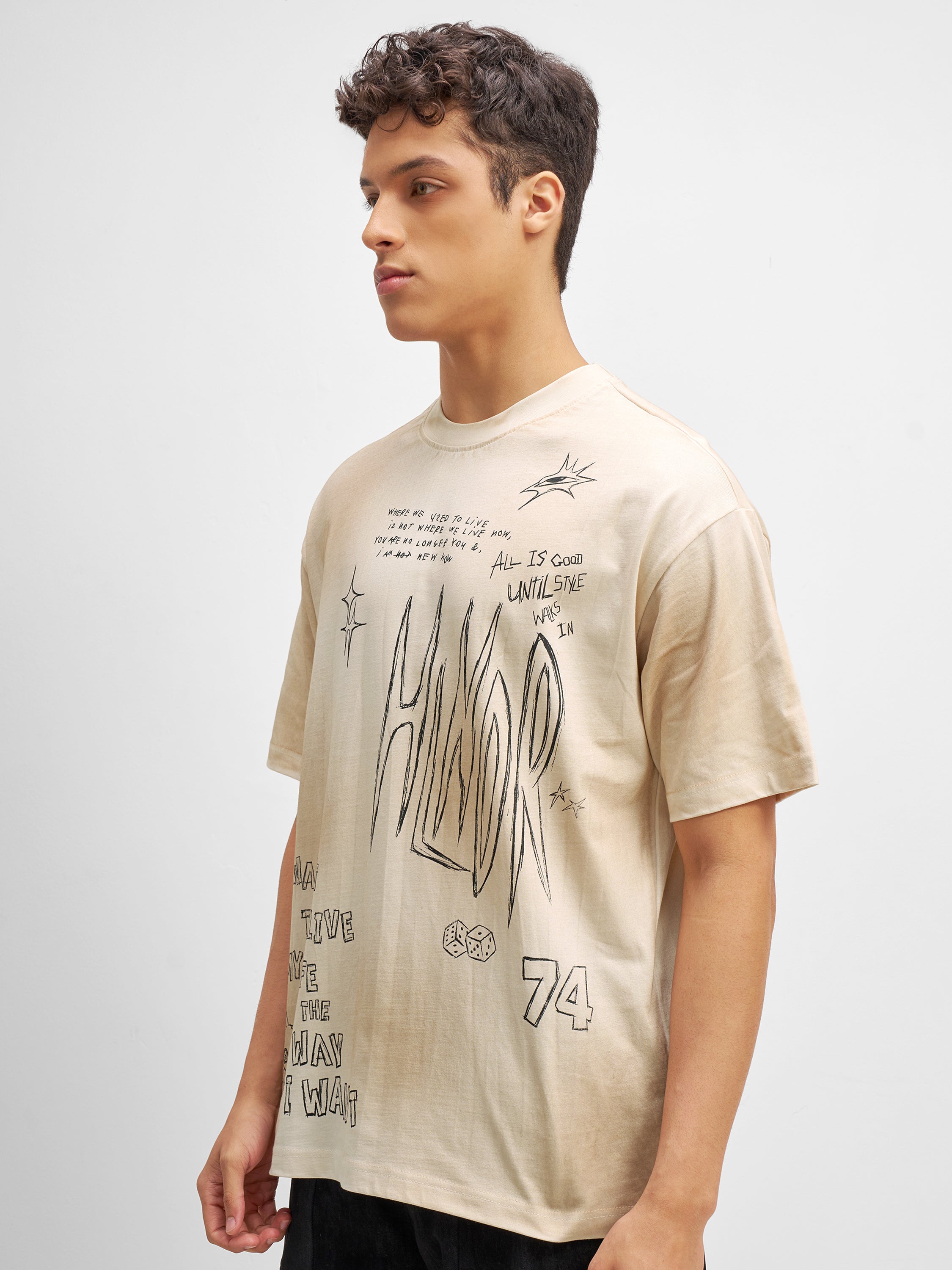 Highlander Men Beige Printed Round Neck T-Shirt