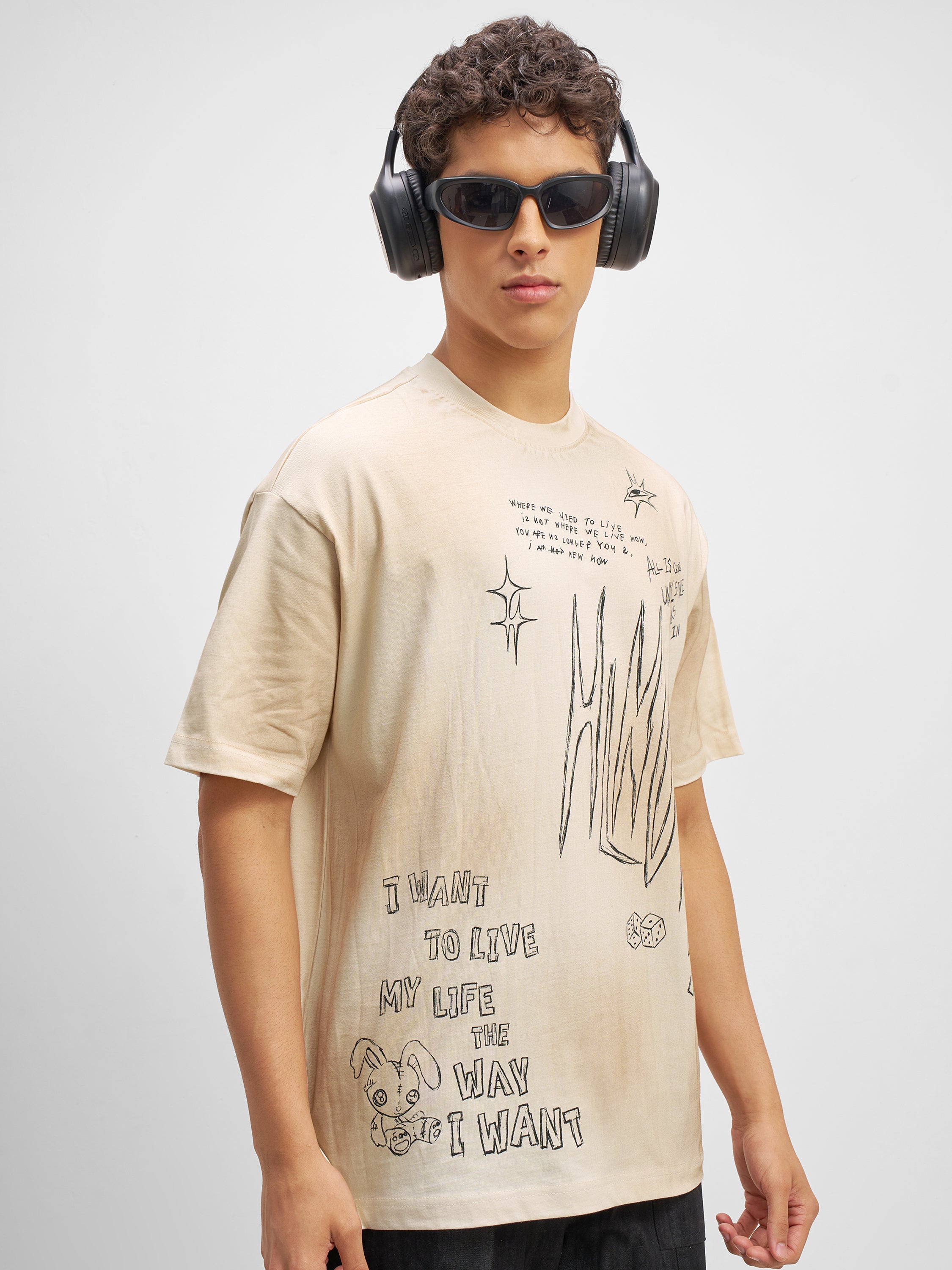 Highlander Men Beige Printed Round Neck T-Shirt